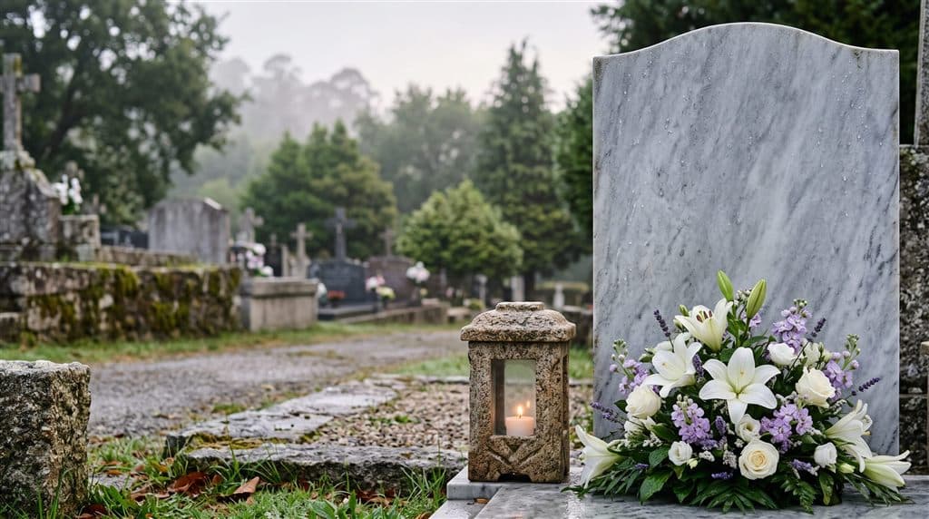 Cantero grabando a mano una pieza funeraria de mármol en San Cibrao das Viñas