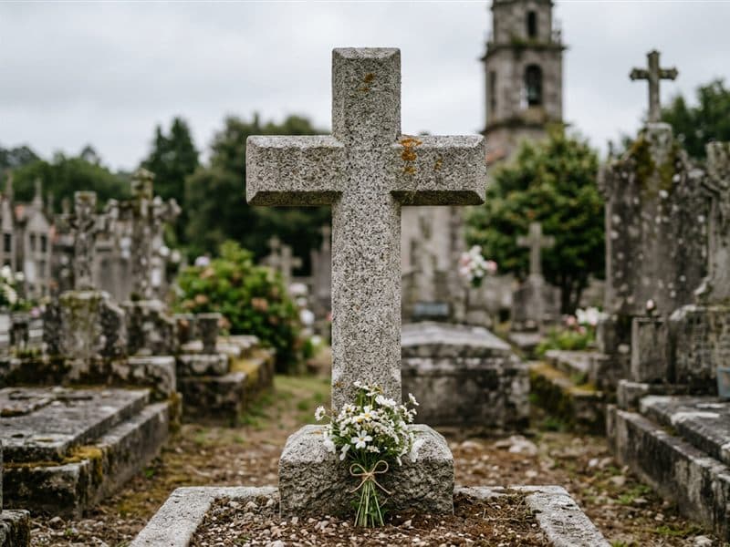 Cruz de piedra labrada a mano sobre una sepultura en San Cibrao das Viñas
