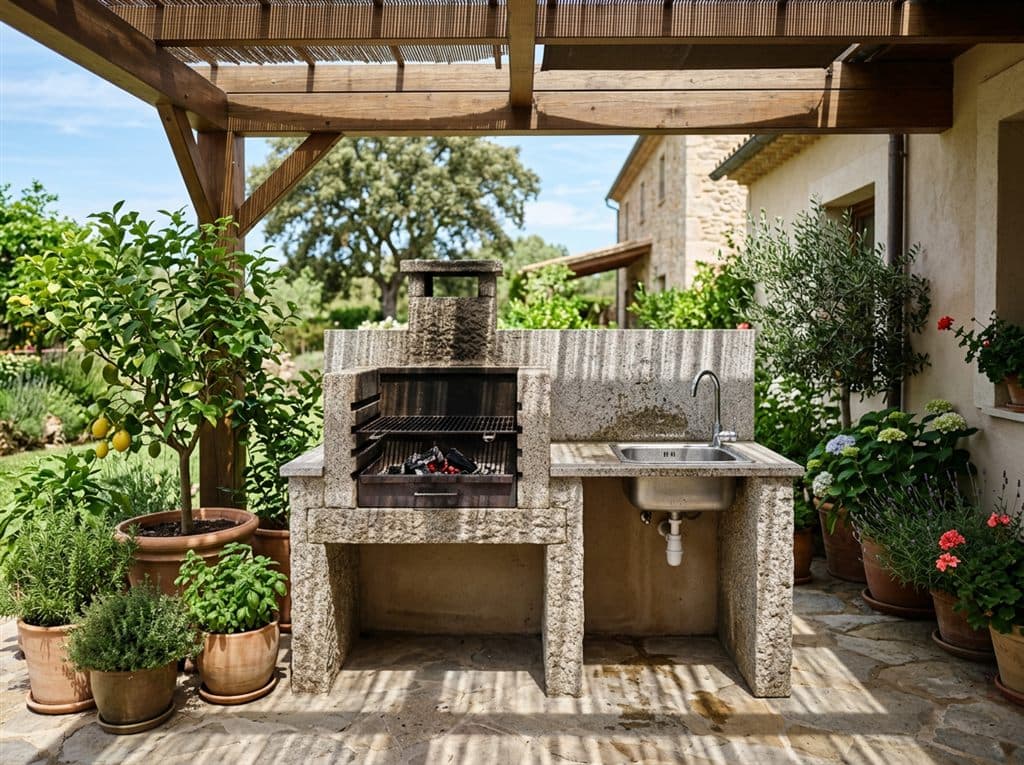 Barbacoa de piedra con encimera y fregadero en una terraza de San Cibrao das Viñas