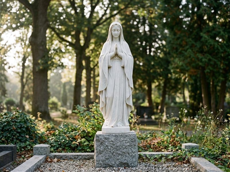Imagen religiosa esculpida en mármol blanco para una sepultura en San Cibrao das Viñas