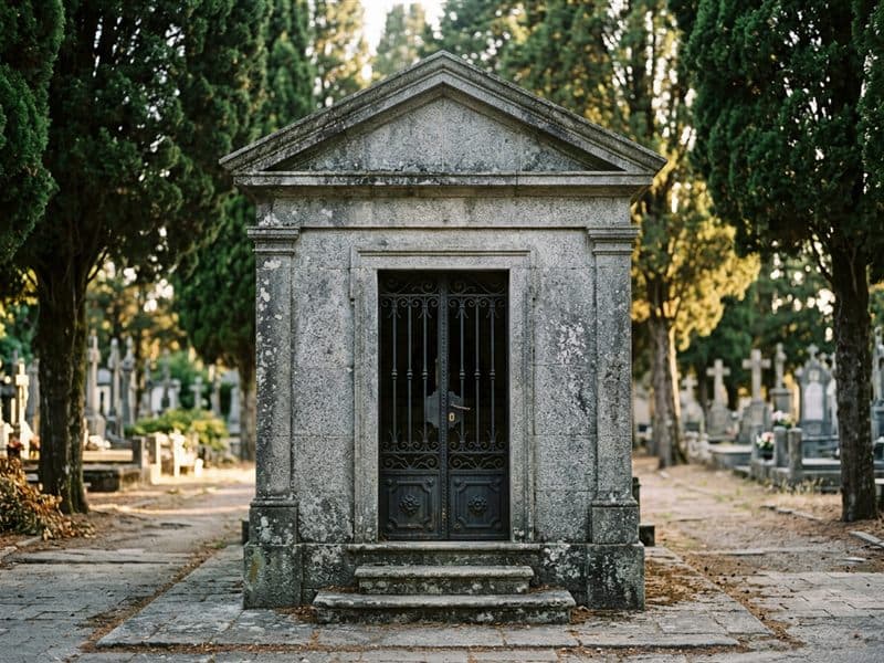 Panteón familiar de piedra sobrio en un cementerio de San Cibrao das Viñas