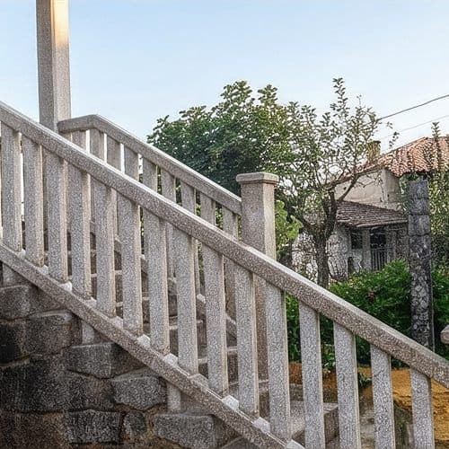 Escalera exterior con balaustrada de granito en una vivienda de San Cibrao das Viñas