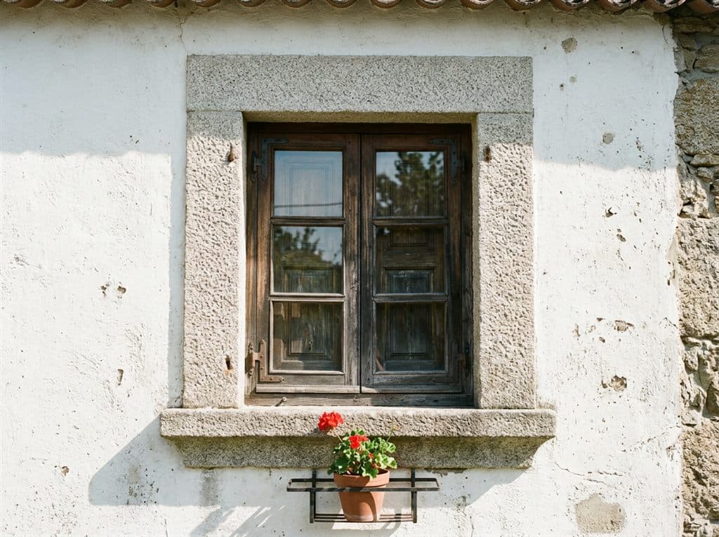 Recercado de granito alrededor de una ventana en San Cibrao das Viñas