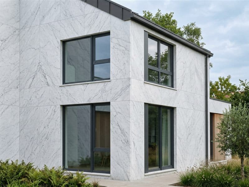Fachada revestida de mármol pulido en una vivienda de San Cibrao das Viñas