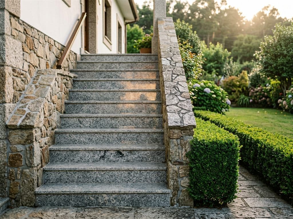 Escalera exterior revestida de granito pulido, trabajo en piedra natural en San Cibrao das Viñas